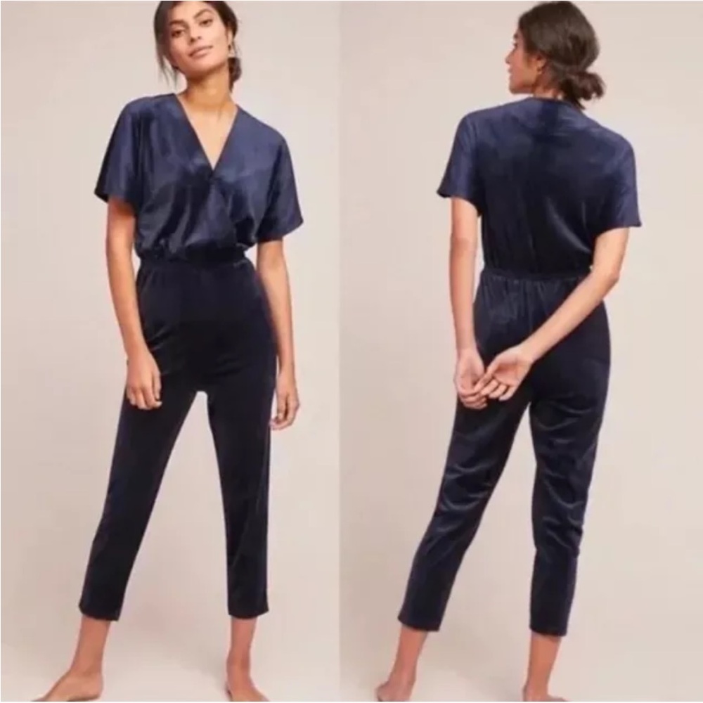 Saturday Sunday by Anthropologie navy blue velour jumpsuit size small